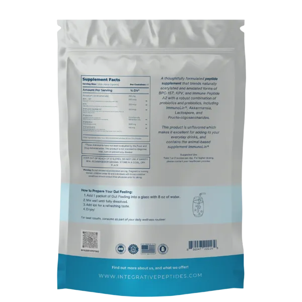Integrative Peptides Gut Feeling Travel Sachets — Mango Strawberry — Пептиди для підтримки шлунково-кишкового і системного здоров’я (без ароматизаторів), 45 стіків